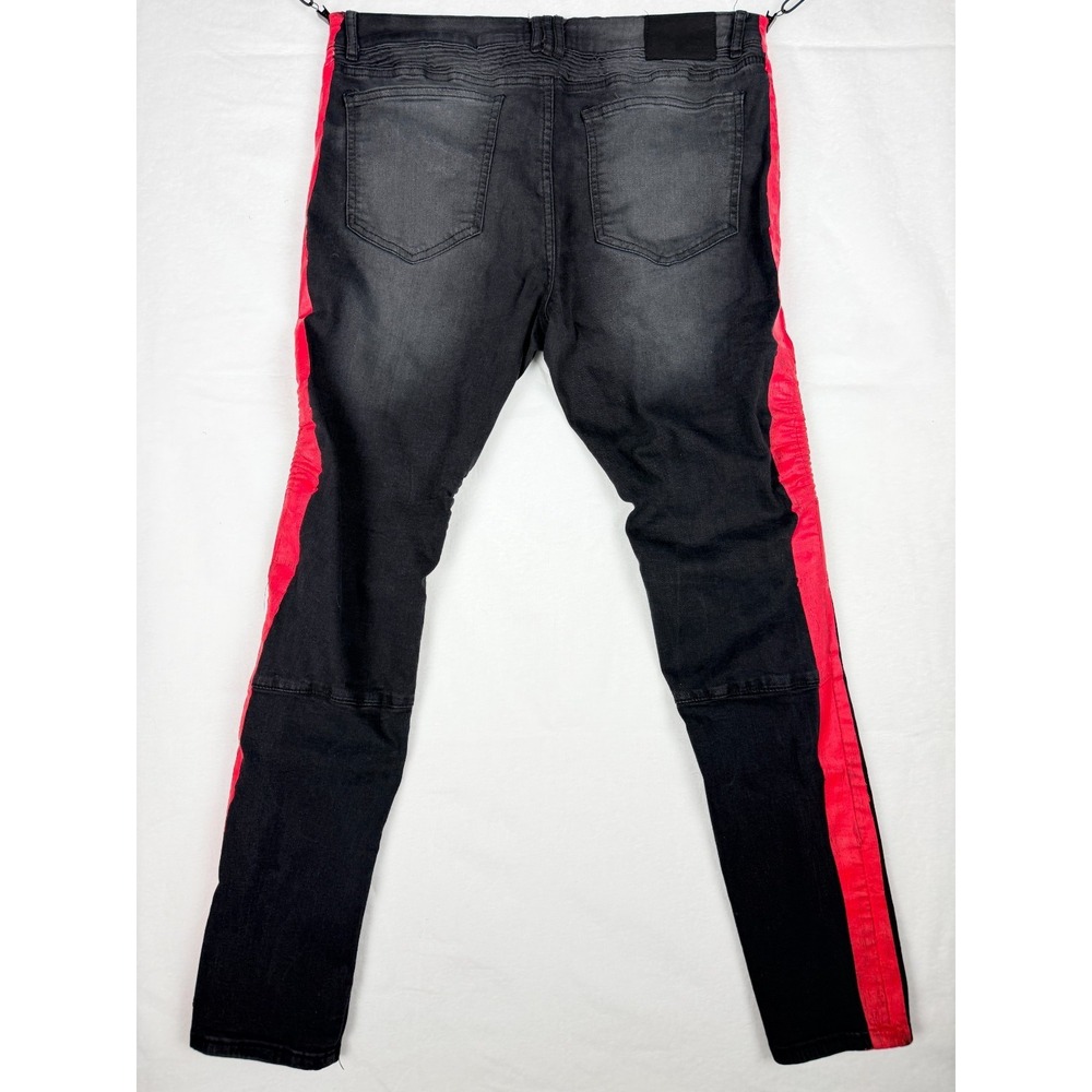 Distressed Moto Biker Jeans Mens 36 Black Red Stripe Punk Grunge Y2K Streetwear - Picture 2 of 11
